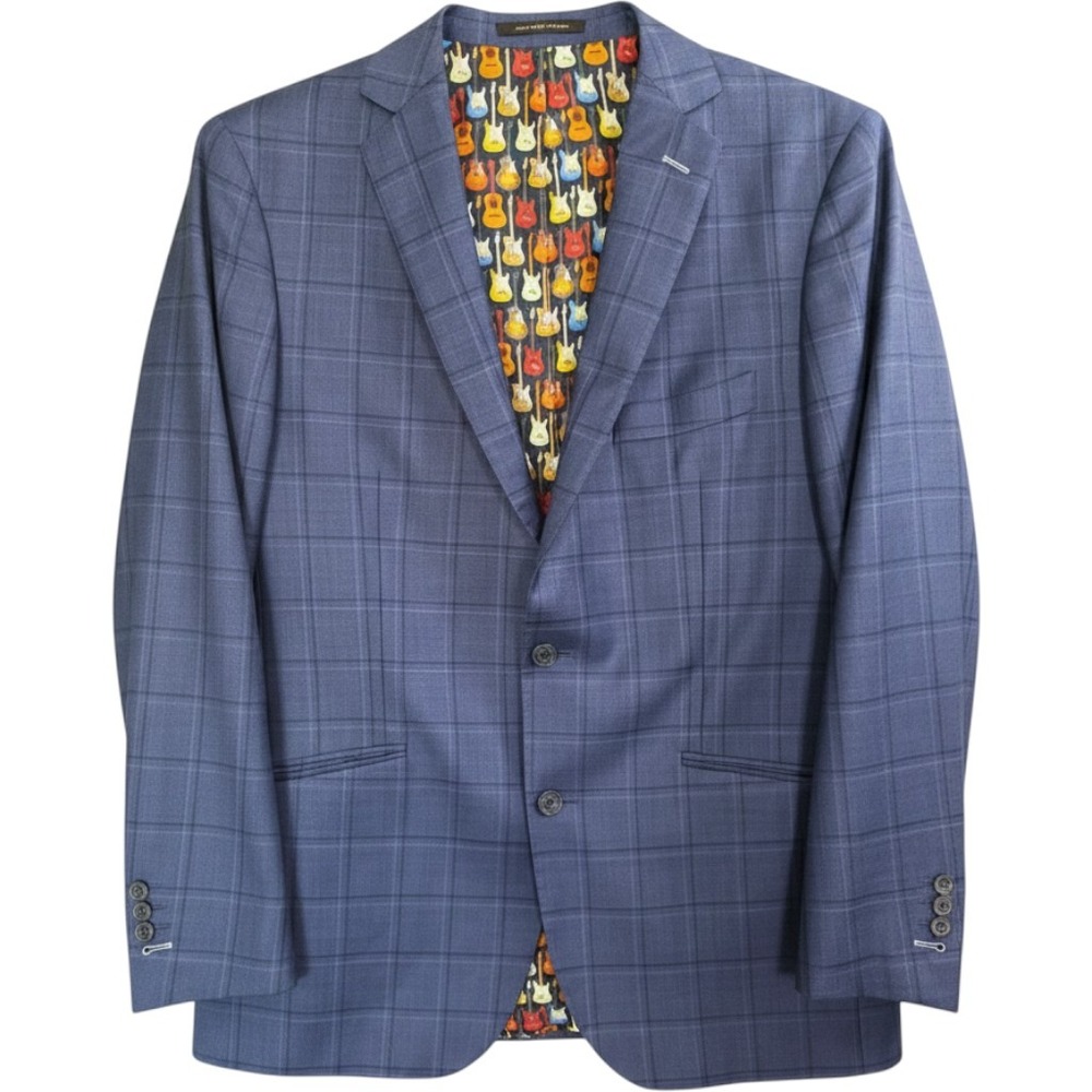 J.Hiburn Blazer Blue Glen Plaid Guitar Print Lining Sport Coat 42 Portugal